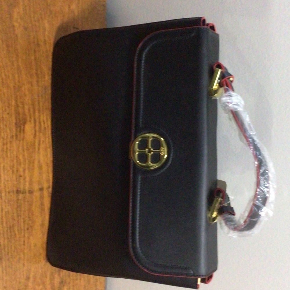 IMAN Elegant Black Satchel with Gold Accents